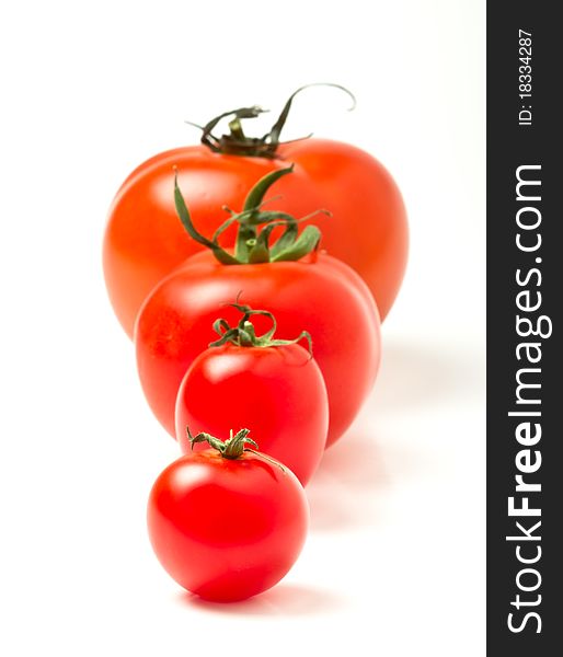 Tomato line up of four different varieties isolated on white. Tomato line up of four different varieties isolated on white.