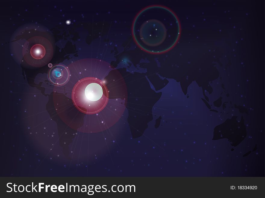 World map and bright stars. Cosmos background. Vector illustration