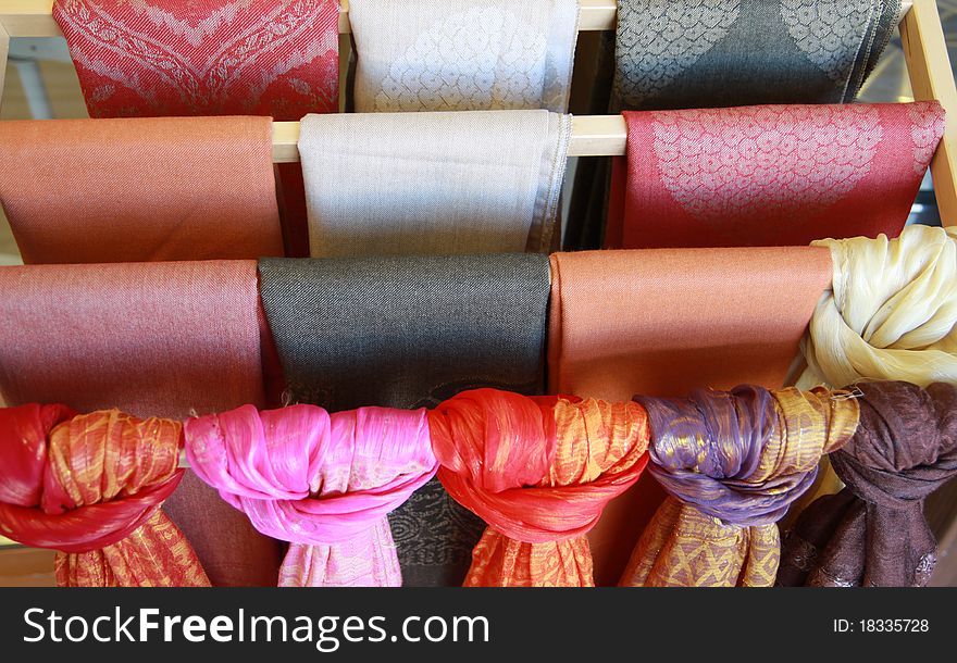 A view of silk scarfs in the bazaar, Turkey.