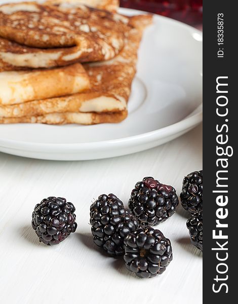 Plate of pancakes with fresh blackberries. Plate of pancakes with fresh blackberries