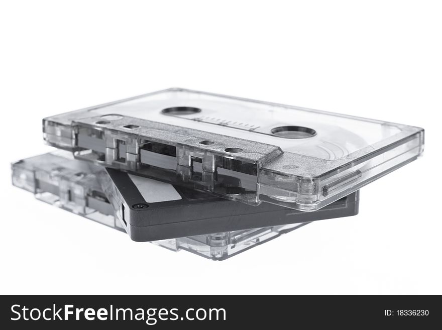 Old magnetic audio tape cassette  isolated on white