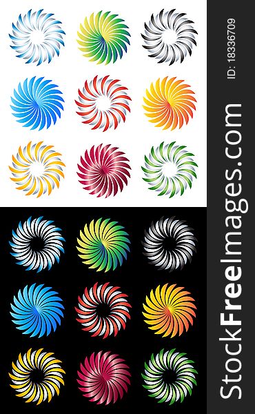 Collection of 9 vector isolated abstract circle elements in various color designs on white and black background. Ideal for company logo, icon, illustration. Collection of 9 vector isolated abstract circle elements in various color designs on white and black background. Ideal for company logo, icon, illustration...