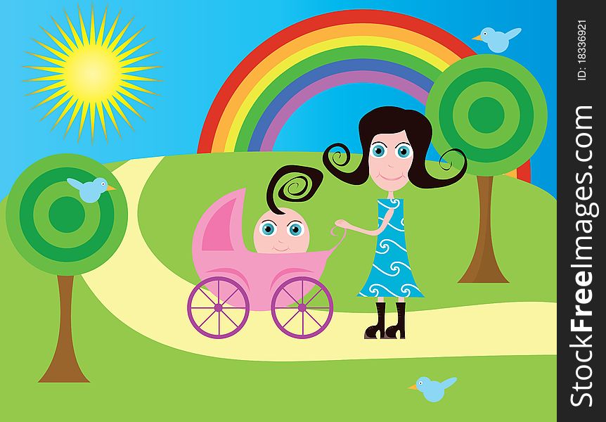 A young mother with a baby in a stroller by walk in the park. A young mother with a baby in a stroller by walk in the park