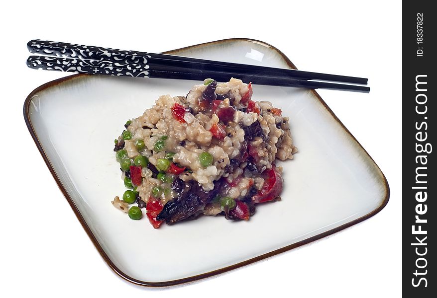 Mushroom Rice Risotto Meal with Decorative Chopsticks. Mushroom Rice Risotto Meal with Decorative Chopsticks.