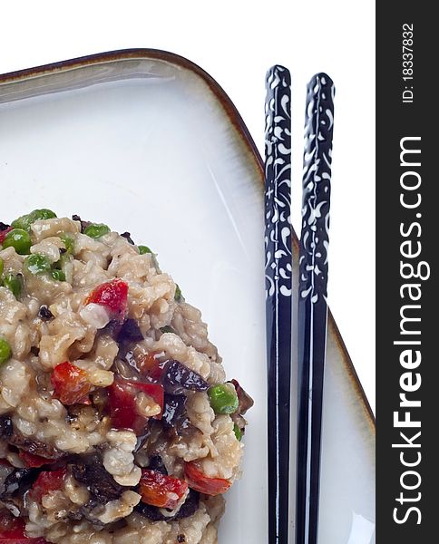 Mushroom Rice Risotto Meal with Decorative Chopsticks. Mushroom Rice Risotto Meal with Decorative Chopsticks.