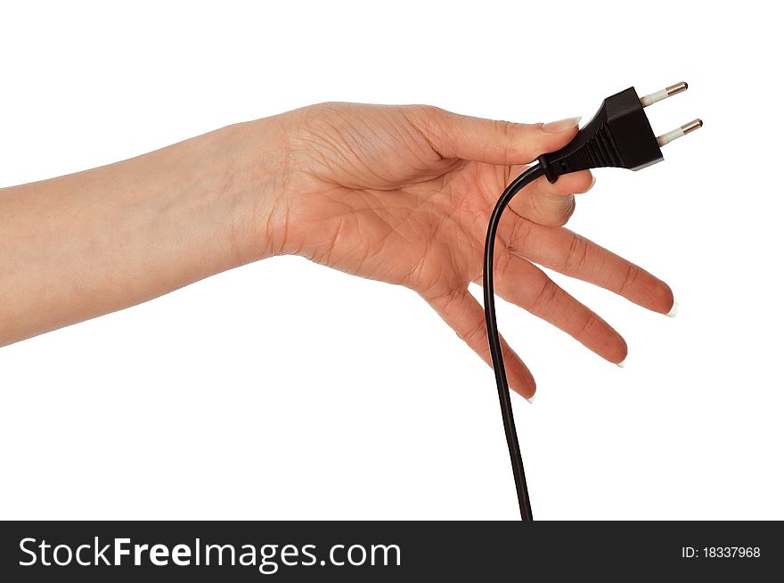 Woman holding black euro plug in the hand