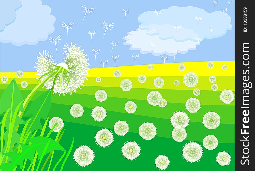 Summer landscape with beautiful bright dandelion the background of the sky and meadows. Summer landscape with beautiful bright dandelion the background of the sky and meadows