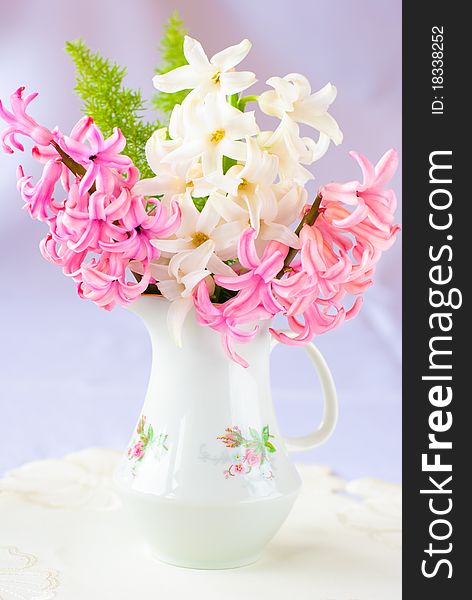 Beautiful spring pink and white hyacinth in a vase. Beautiful spring pink and white hyacinth in a vase