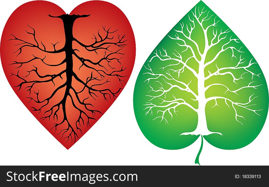 Vector illustration abstract tree trunk with the symbol of heart and leaf