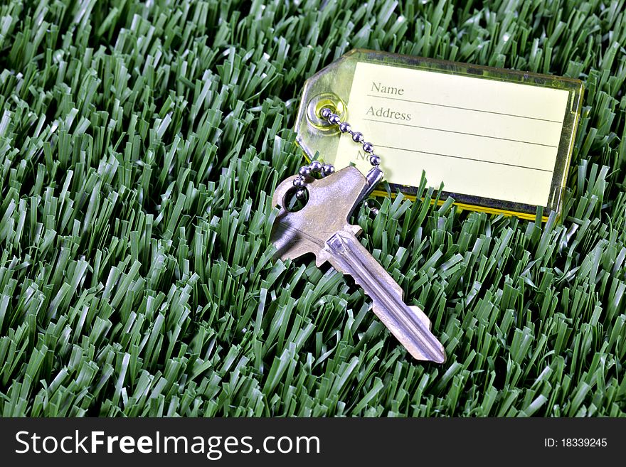 Lost key with identification tag lying in mown green grass. Lost key with identification tag lying in mown green grass