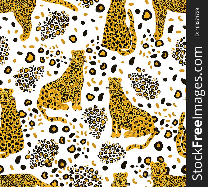 Leopard Animal Seamless Pattern. Tropical Plant Leaves Background