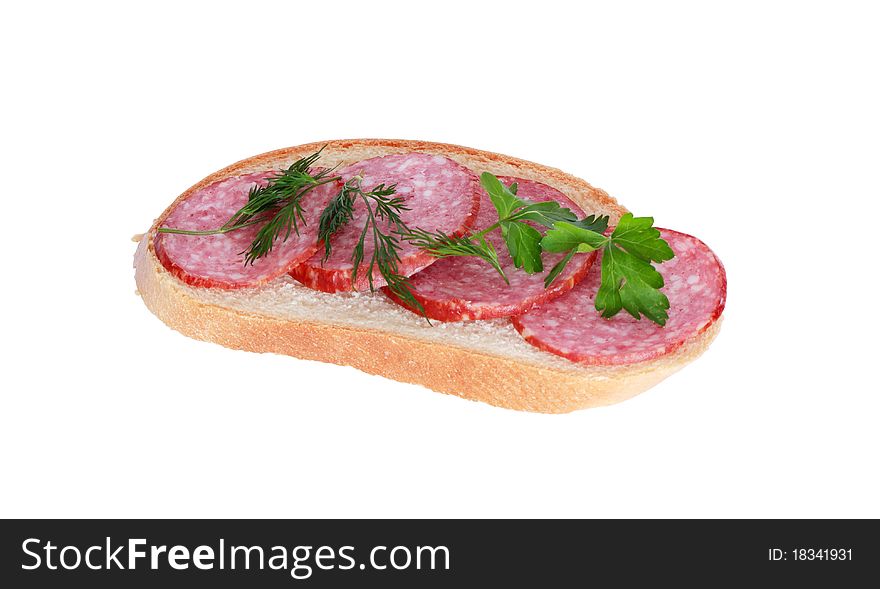 Sandwich made from white bread and sausage. Isolated on white with clipping path. Sandwich made from white bread and sausage. Isolated on white with clipping path