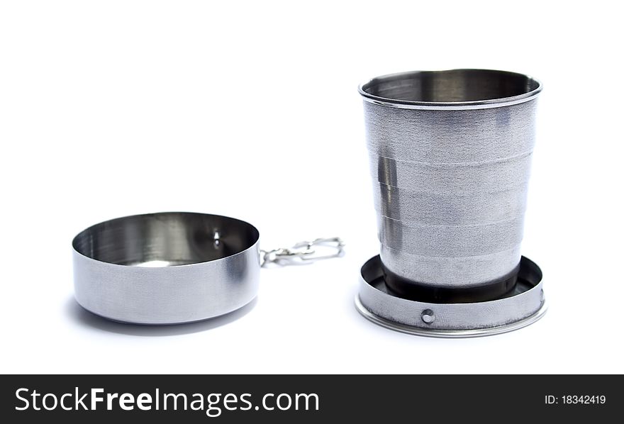 Stainless collapsible cup isolated on white background.