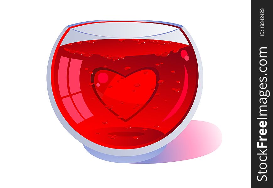 Red heart floating in a clear glass. Red liquid with bubbles. Wine or blood. Background. Valentine's Day. Isolated on white background. Red heart floating in a clear glass. Red liquid with bubbles. Wine or blood. Background. Valentine's Day. Isolated on white background.