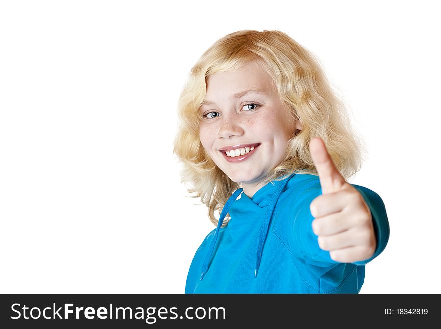 Young beautiful girl / child shows thumb up. Isolated on white background.