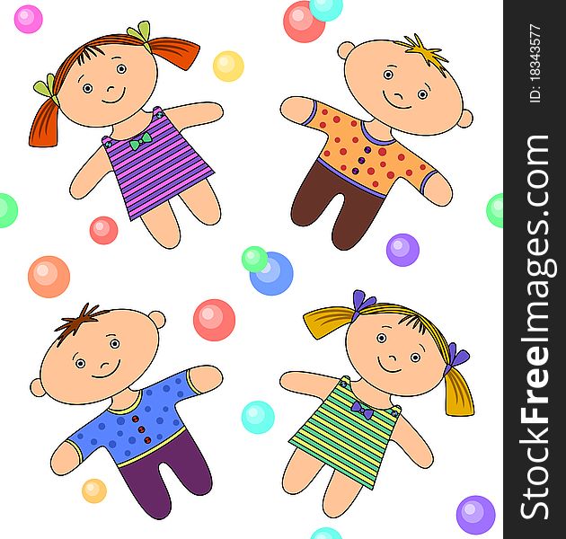 Vector seamless background. Toys, boy girl and bubbles. Vector seamless background. Toys, boy girl and bubbles