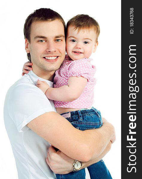 Happy father with a baby on a white background. Happy father with a baby on a white background