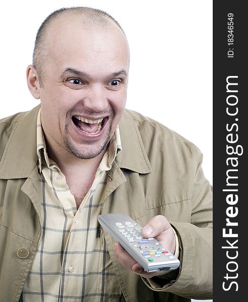 The man with a remote control on a white background