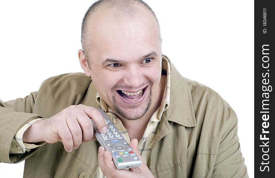 The man with a remote control on a white background