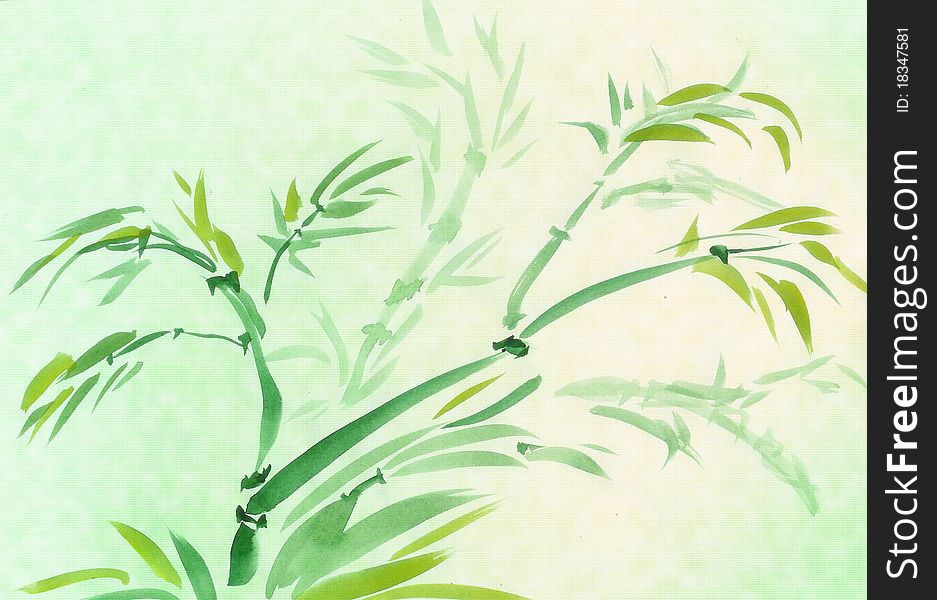 Green Bamboo, painted in watercolor in oriental style