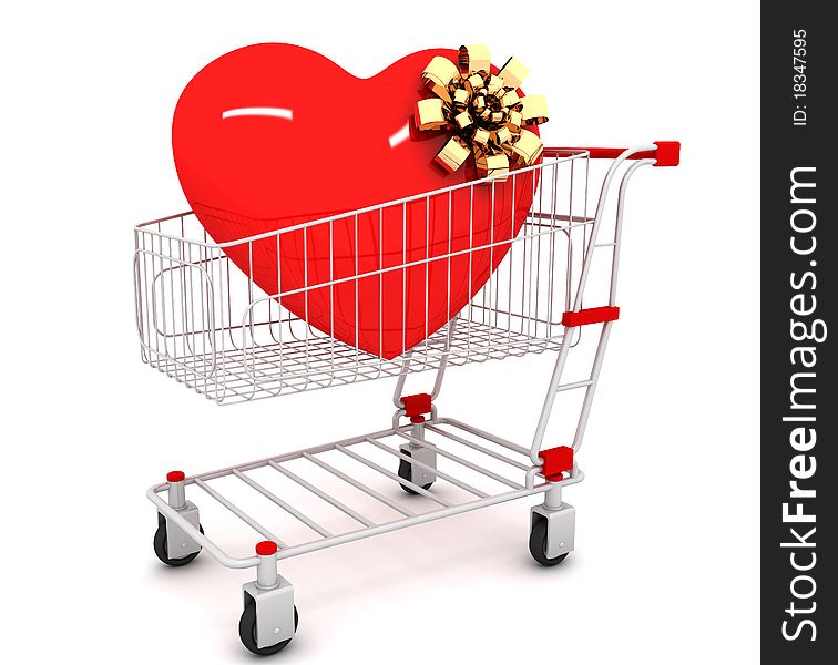 Shopping cart with heart inside. 3D render.