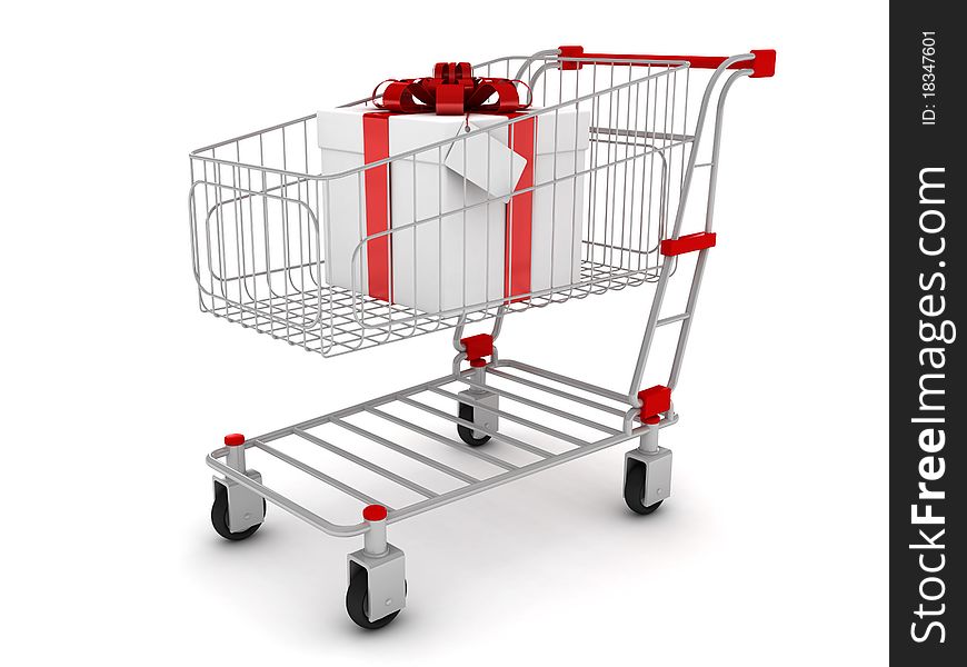Shopping cart with gifts. 3D render. Shopping cart with gifts. 3D render.