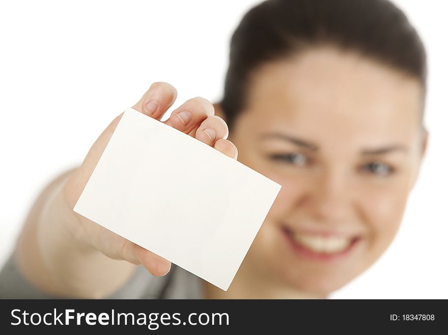 Woman holding empty business card
