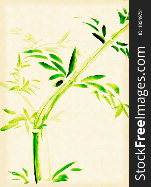 Green Bamboo, painted in watercolor in oriental style