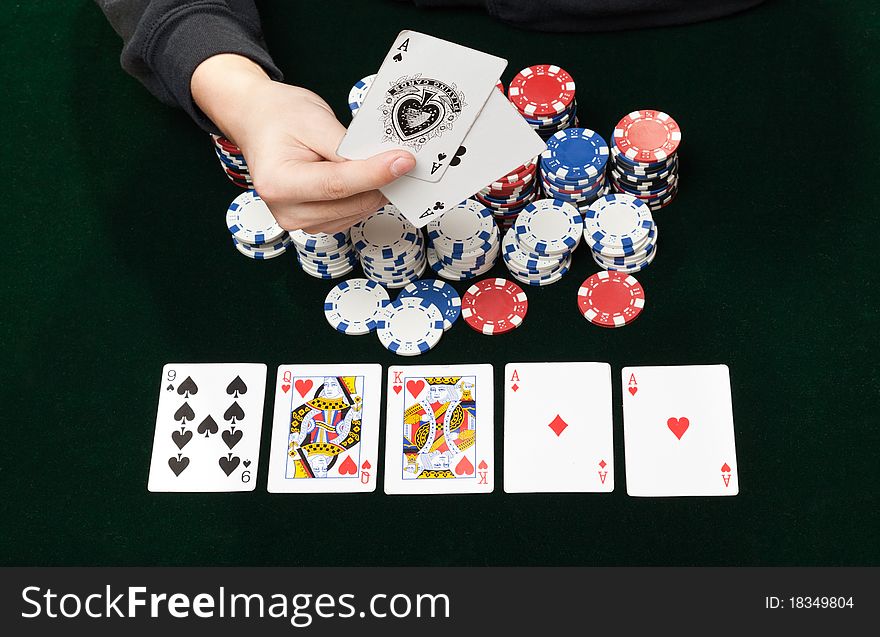 Heap poker chips and higher card combination in poker game flush royale. Heap poker chips and higher card combination in poker game flush royale