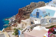 Colorful Architecture In Santorini With Aegean Sea Stock Images