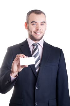 Business Man Holding A Blank Business Card Stock Photo