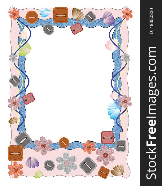 Frame with buttons, flowers and shells