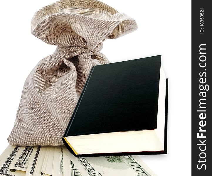 Black book isolated on the white surface and dollars. Black book isolated on the white surface and dollars.