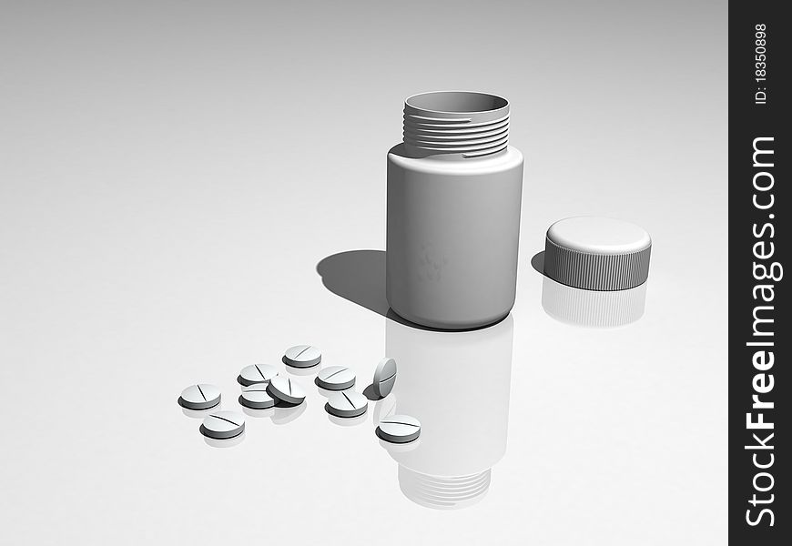 Pills and a vial on a white background. Pills and a vial on a white background