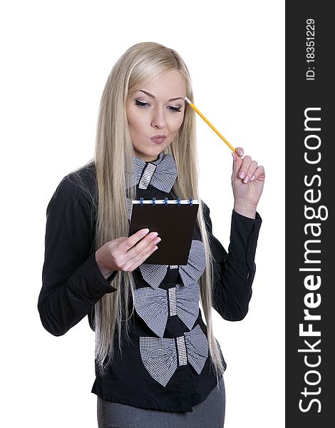 Caucasian blond businesswoman with pencil on white isolated background. Caucasian blond businesswoman with pencil on white isolated background