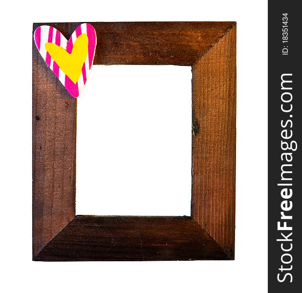 Wooden frame with heart on white background isolated. Wooden frame with heart on white background isolated