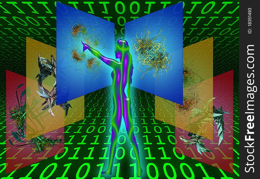 Woman moves into the space around the touch screen set in binary code. Woman moves into the space around the touch screen set in binary code