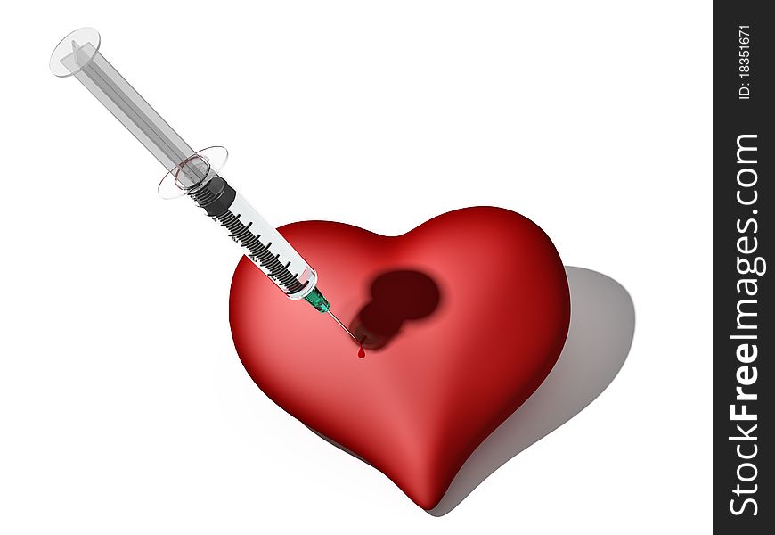 Syringes and heart on a white background