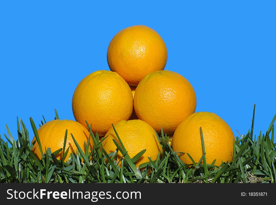 Pile of beautiful oranges on grass with blue sky background