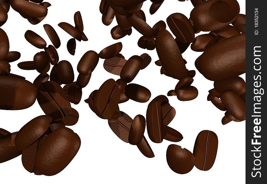Falling coffee beans on white background