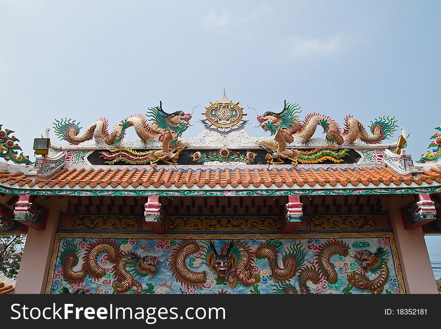 Chinese dragon and the blue sky in shrine,East of Thailand