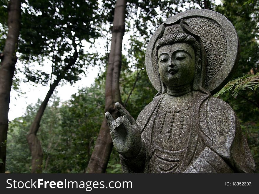 A grey Stone Buddha statue in the wood