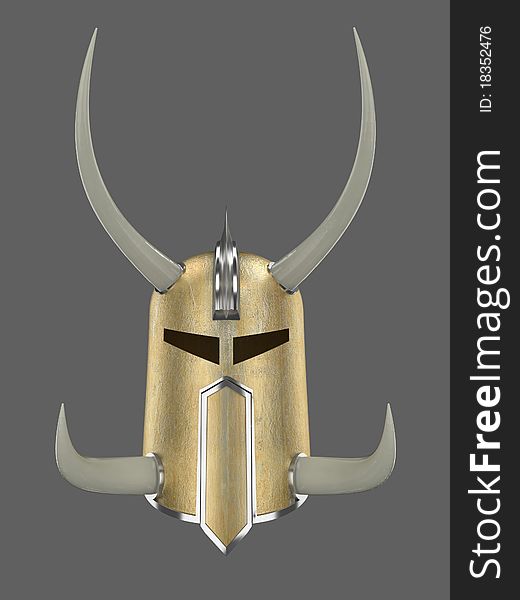 3d render of ancient golden war helmet with horns isolated on dark grey background. 3d render of ancient golden war helmet with horns isolated on dark grey background