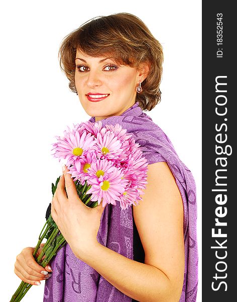 Attractive young woman portrait in purple scarf with pink flowers isolated on the white. Attractive young woman portrait in purple scarf with pink flowers isolated on the white.