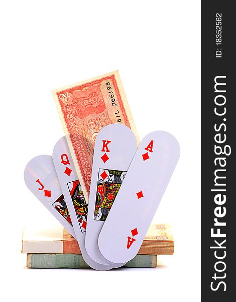 Money and playing cards isolated on white background. Money and playing cards isolated on white background.
