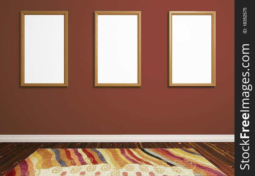 3d render of realistic room with three photo frames on brown wall. 3d render of realistic room with three photo frames on brown wall