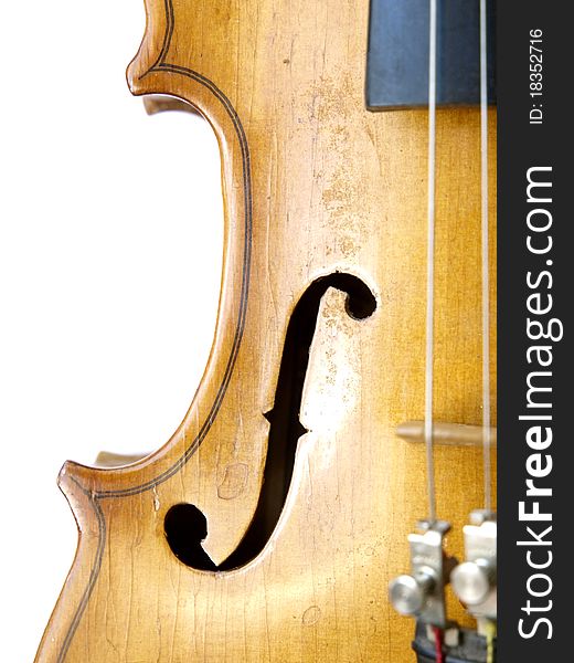 Detail of an old violin on white background