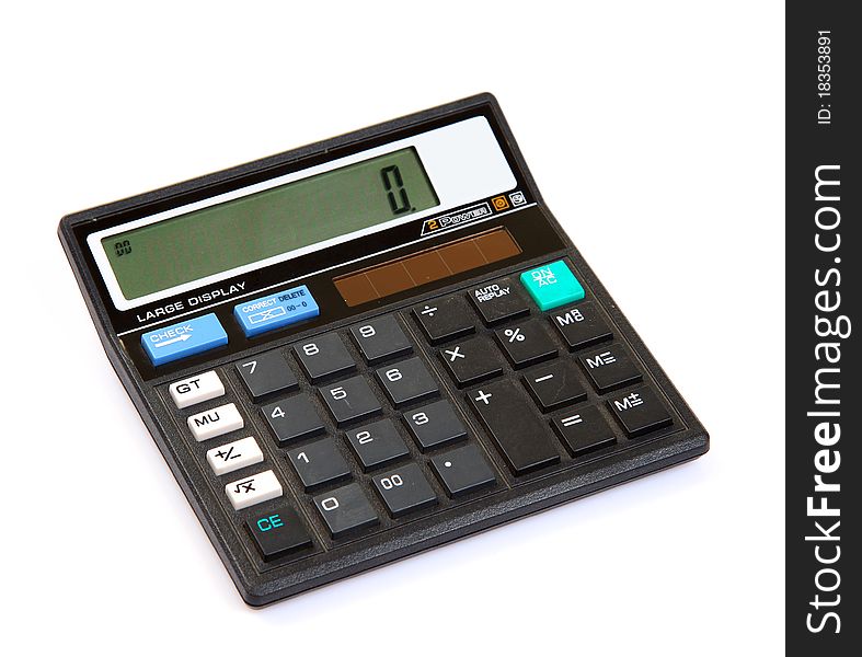 Dual power digital calculator isolated over white background.