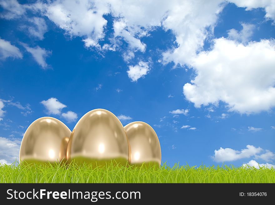 High quality 3d image of golden easter eggs in front of a cloudy sky with COPYSPACE