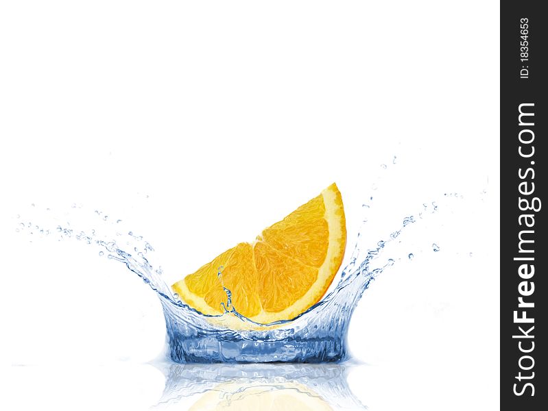 SLice of orange falling into water, isolated on white background. SLice of orange falling into water, isolated on white background